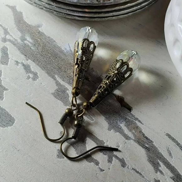 Faceted Clear Luster Crystal Antique Bronze Filigree Teardrop Earrings - Picture 8 of 9